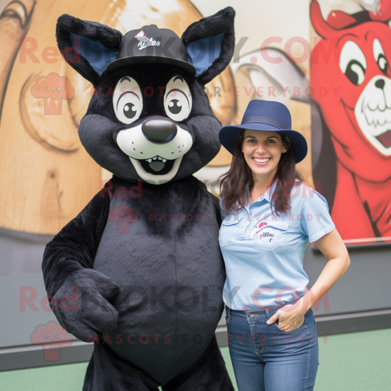 Black Dingo mascot costume character dressed with a Mom Jeans and Hats Black Dingo mascot costume character dressed with a Mom Jeans and Hats