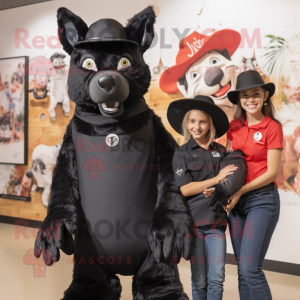 Black Dingo mascot costume character dressed with a Mom Jeans and Hats