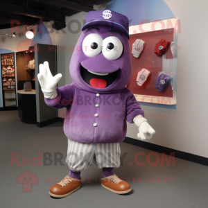 Purple Baseball Glove mascot costume character dressed with a Cardigan and Hat pins