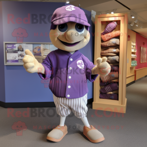 Purple Baseball Glove mascot costume character dressed with a Cardigan and Hat pins