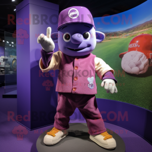 Purple Baseball Glove mascot costume character dressed with a Cardigan and Hat pins