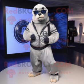 Silver Navy Seal mascot costume character dressed with a Joggers and Rings