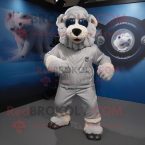 Silver Navy Seal mascot costume character dressed with a Joggers and Rings