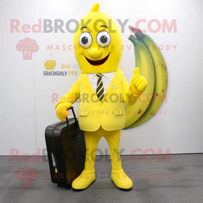 Lemon Yellow Banana mascot costume character dressed with a Blazer and Briefcases Lemon Yellow Banana mascot costume character dressed with a Blazer and Briefcases