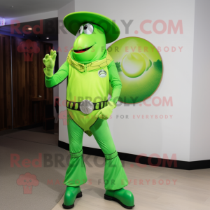 Lime Green Horseshoe mascot costume character dressed with a Romper and Gloves