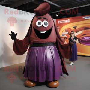 Rust Eggplant mascot costume character dressed with a Maxi Skirt and Belts