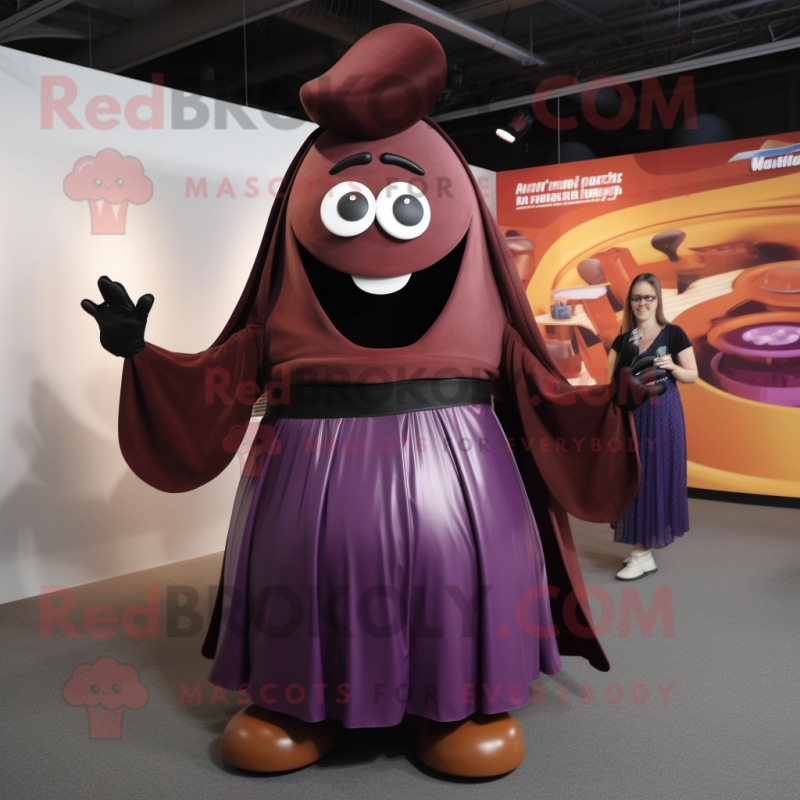 Rust Eggplant mascot costume character dressed with a Maxi Skirt and Belts Rust Eggplant mascot costume character dressed with a Maxi Skirt and Belts