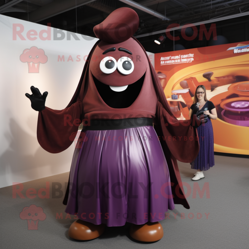 Rust Eggplant mascot costume character dressed with a Maxi Skirt and Belts