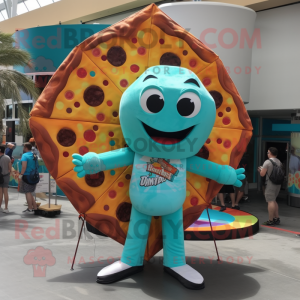 Turquoise Pizza mascot costume character dressed with a Bikini and Suspenders