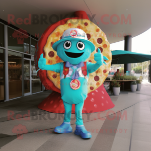Turquoise Pizza mascot costume character dressed with a Bikini and Suspenders