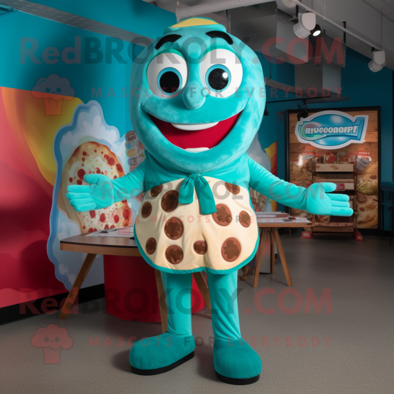 Turquoise Pizza mascot costume character dressed with a Bikini and Suspenders