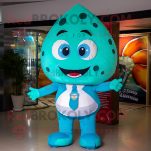Turquoise Pizza mascot costume character dressed with a Bikini and Suspenders