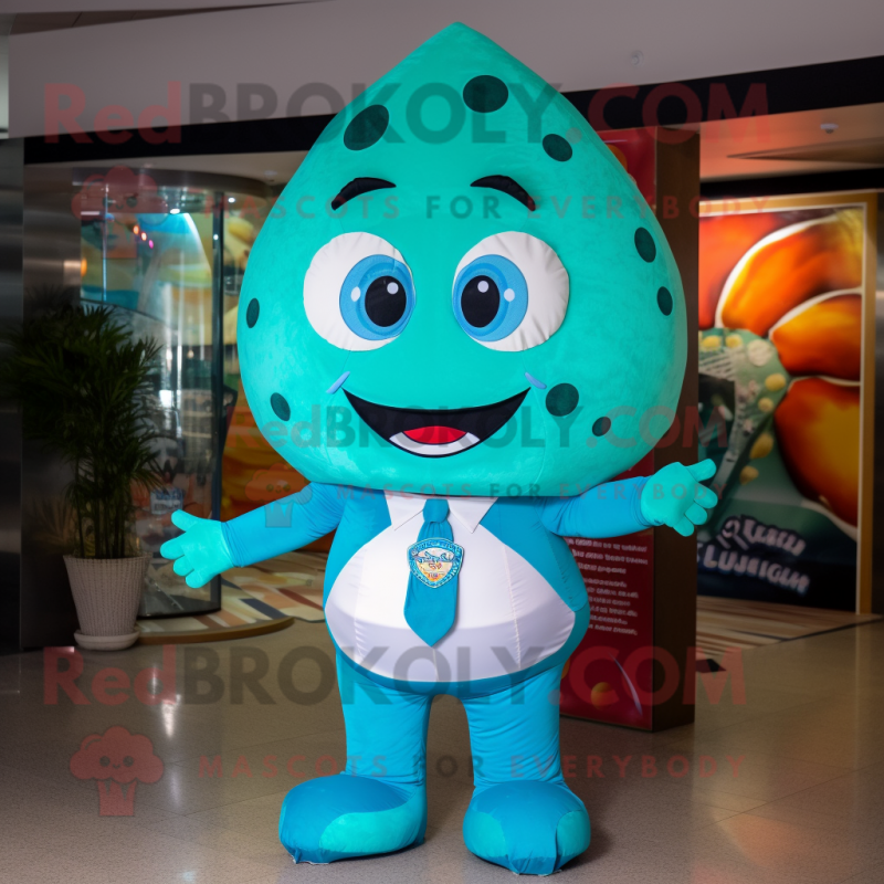Turquoise Pizza mascot costume character dressed with a Bikini and Suspenders Turquoise Pizza mascot costume character dressed with a Bikini and Suspenders