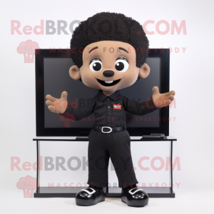 Black Television mascot costume character dressed with a Chinos and Bracelets