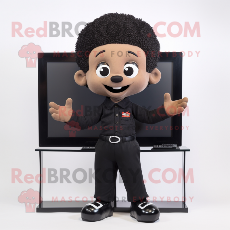 Black Television mascot costume character dressed with a Chinos and Bracelets Black Television mascot costume character dressed with a Chinos and Bracelets