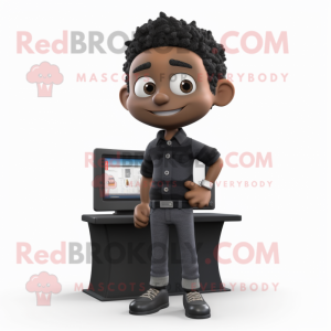 Black Television mascot costume character dressed with a Chinos and Bracelets