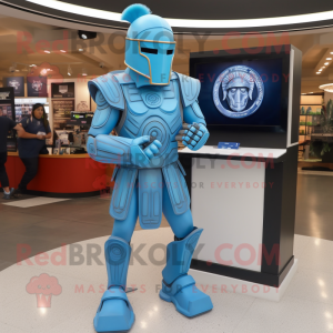 Sky Blue Spartan Soldier mascot costume character dressed with a Jumpsuit and Bracelets