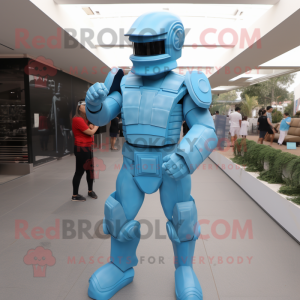 Sky Blue Spartan Soldier mascot costume character dressed with a Jumpsuit and Bracelets