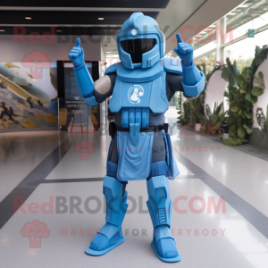 Sky Blue Spartan Soldier mascot costume character dressed with a Jumpsuit and Bracelets