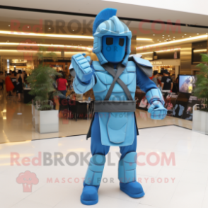 Sky Blue Spartan Soldier mascot costume character dressed with a Jumpsuit and Bracelets