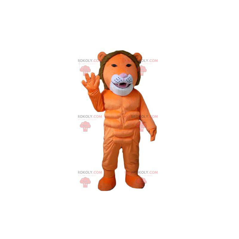 Maskot oranžový bílý a hnědý lev velmi originální a barevný -