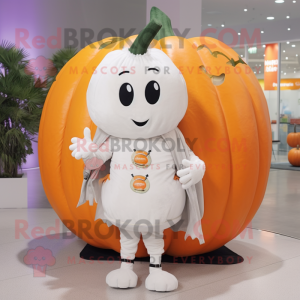 White Pumpkin mascot costume character dressed with a Henley Shirt and Coin purses