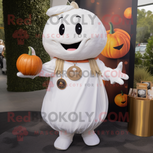 White Pumpkin mascot costume character dressed with a Henley Shirt and Coin purses