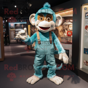 Teal Monkey mascot costume character dressed with a Dungarees and Suspenders