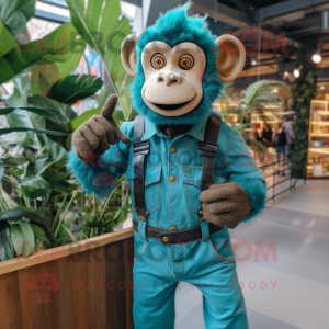 Teal Monkey mascot costume character dressed with a Dungarees and Suspenders