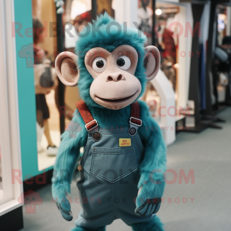 Teal Monkey mascot costume character dressed with a Dungarees and Suspenders