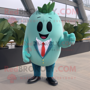 Teal Radish mascot costume character dressed with a Suit Jacket and Foot pads