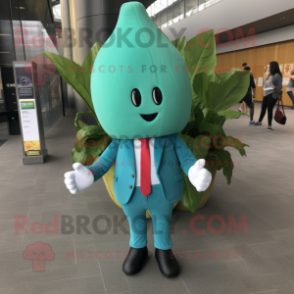 Teal Radish mascot costume character dressed with a Suit Jacket and Foot pads