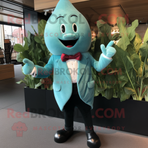 Teal Radish mascot costume character dressed with a Suit Jacket and Foot pads