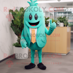 Teal Radish mascot costume character dressed with a Suit Jacket and Foot pads