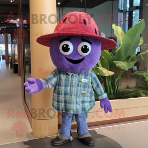 Purple Watermelon mascot costume character dressed with a Chambray Shirt and Hats