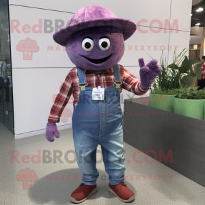 Purple Watermelon mascot costume character dressed with a Chambray Shirt and Hats