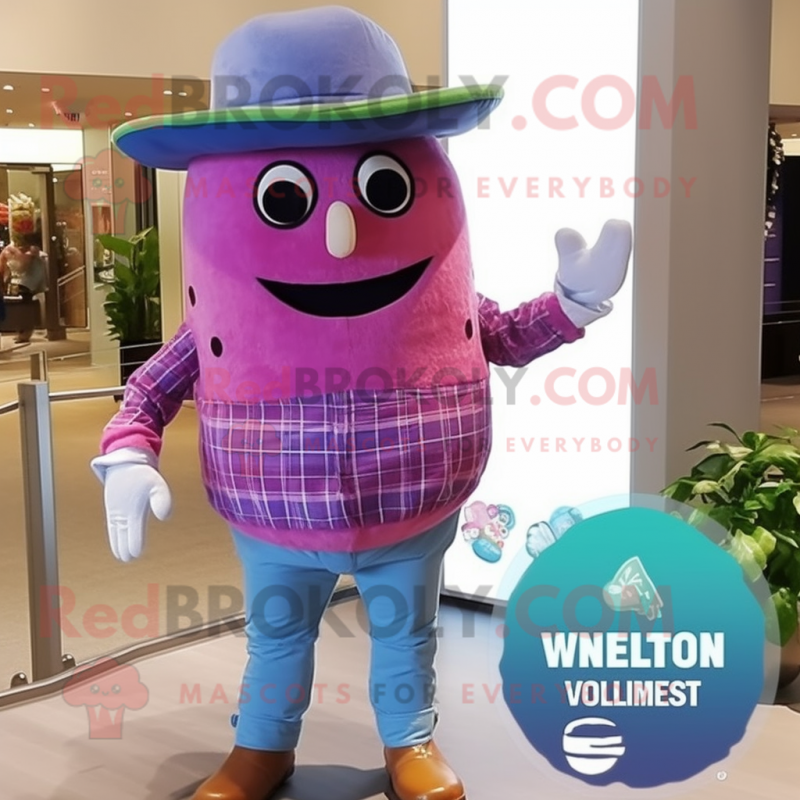 Purple Watermelon mascot costume character dressed with a Chambray Shirt and Hats