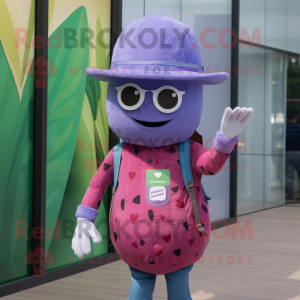 Purple Watermelon mascot costume character dressed with a Chambray Shirt and Hats