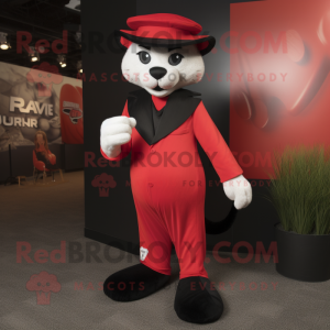 Red Puma mascot costume character dressed with a Tuxedo and Caps