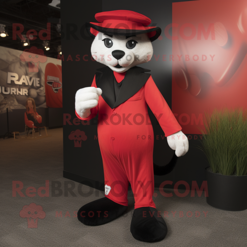 Red Puma mascot costume character dressed with a Tuxedo and Caps Red Puma mascot costume character dressed with a Tuxedo and Caps