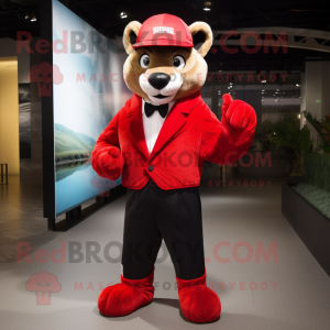Red Puma mascot costume character dressed with a Tuxedo and Caps