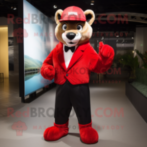 Red Puma mascot costume character dressed with a Tuxedo and Caps