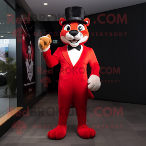 Red Puma mascot costume character dressed with a Tuxedo and Caps