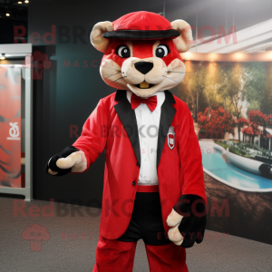 Red Puma mascot costume character dressed with a Tuxedo and Caps