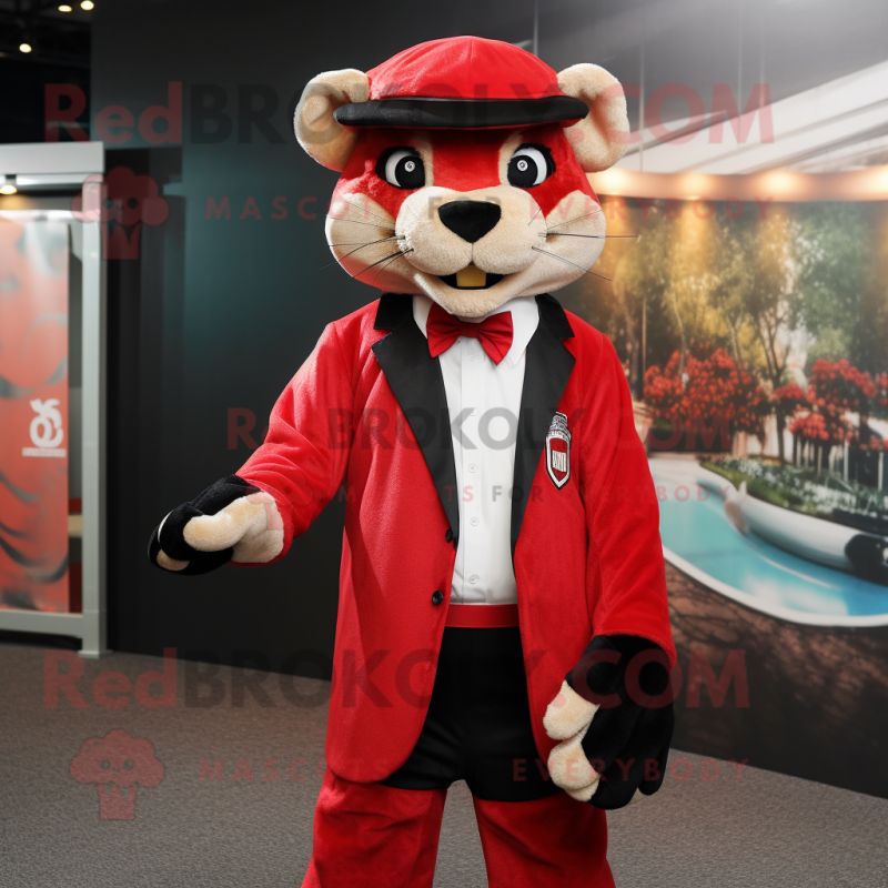 Red Puma mascot costume character dressed with a Tuxedo and Caps Red Puma mascot costume character dressed with a Tuxedo and Caps
