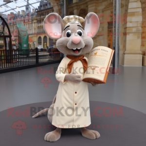 Beige Ratatouille mascot costume character dressed with a Poplin Shirt and Reading glasses