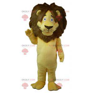 Žlutý a hnědý maskot lva s velkou chlupatou hřívou -