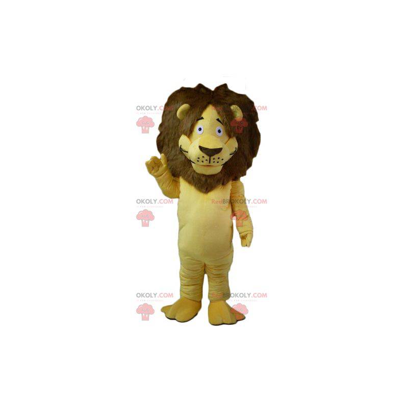 Mascote leão amarelo e marrom com uma grande juba peluda -
