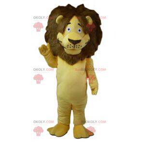Mascotte leone giallo e marrone con una grande criniera pelosa