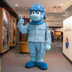 Sky Blue Air Force Soldier mascot costume character dressed with a Cover-up and Berets